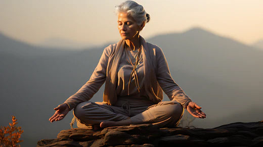 older woman doing yoga on top of mountain
