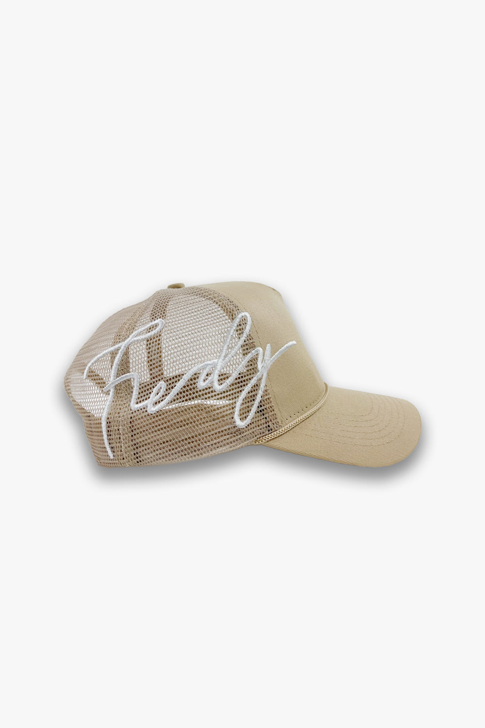 beige designer trucker hat side view