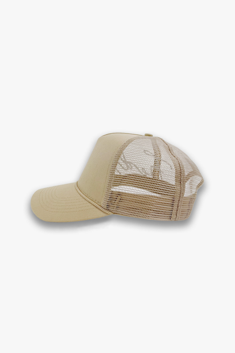 beige designer mesh trucker hat side two