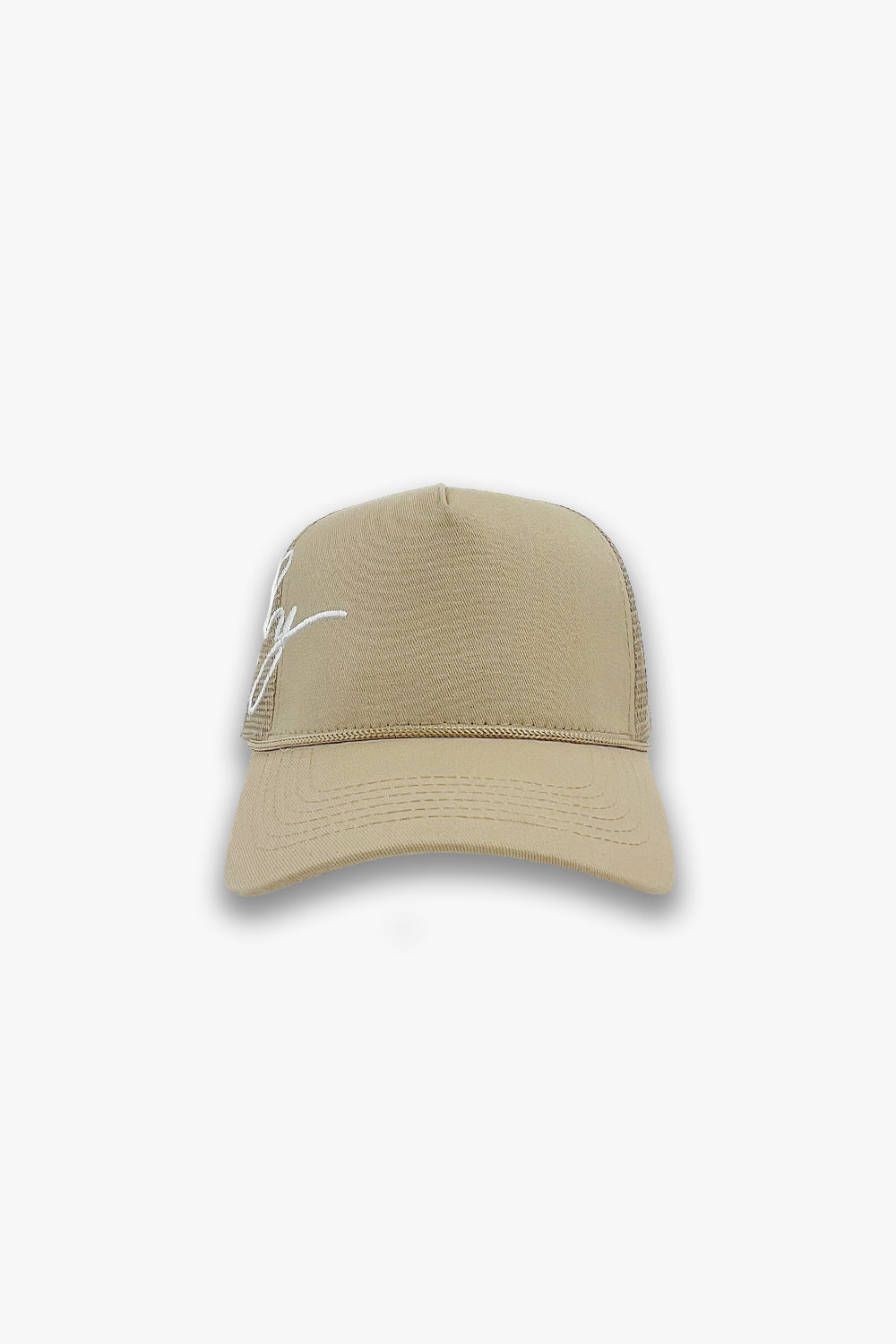 beige designer trucker hat front
