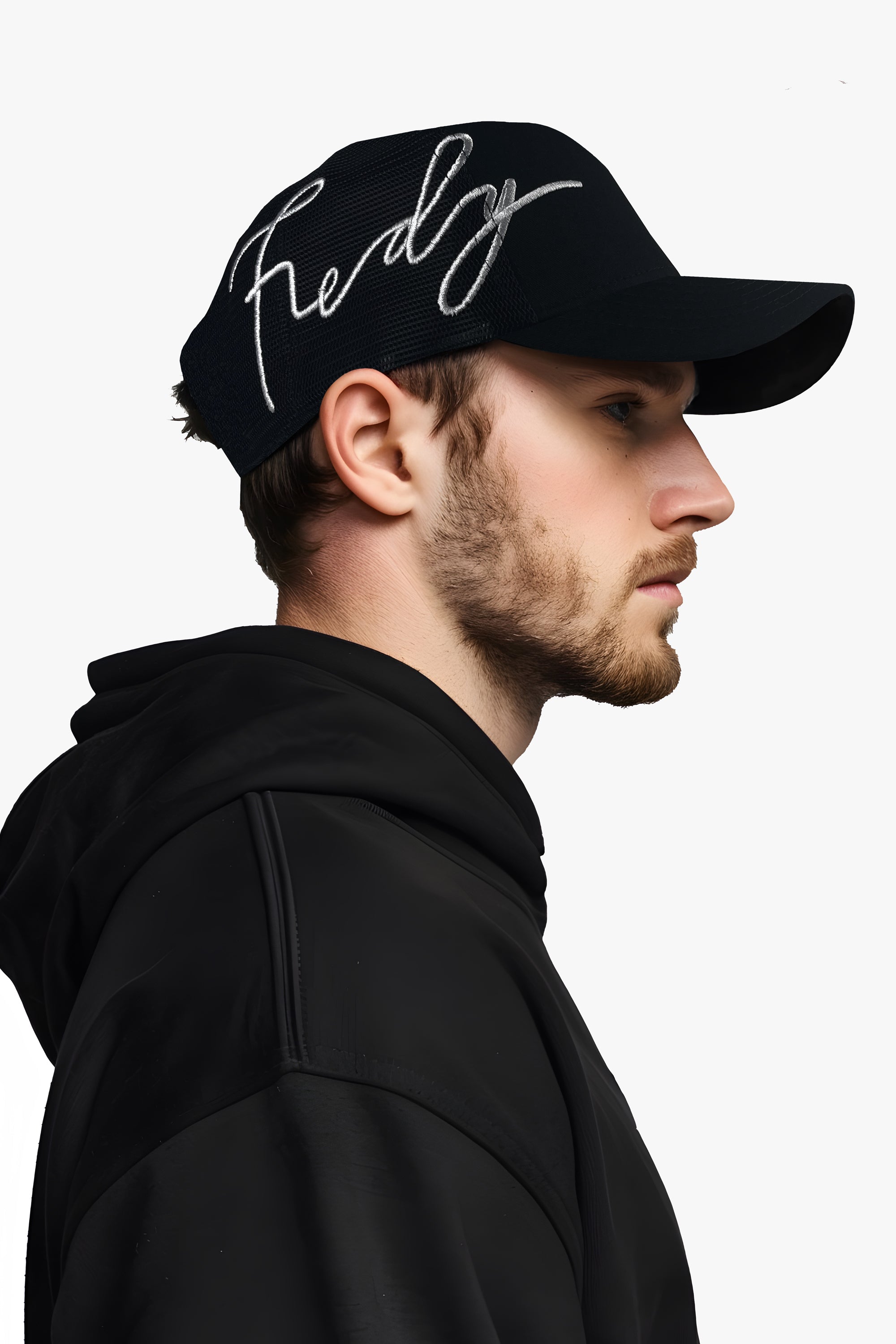 model in black trucker hat