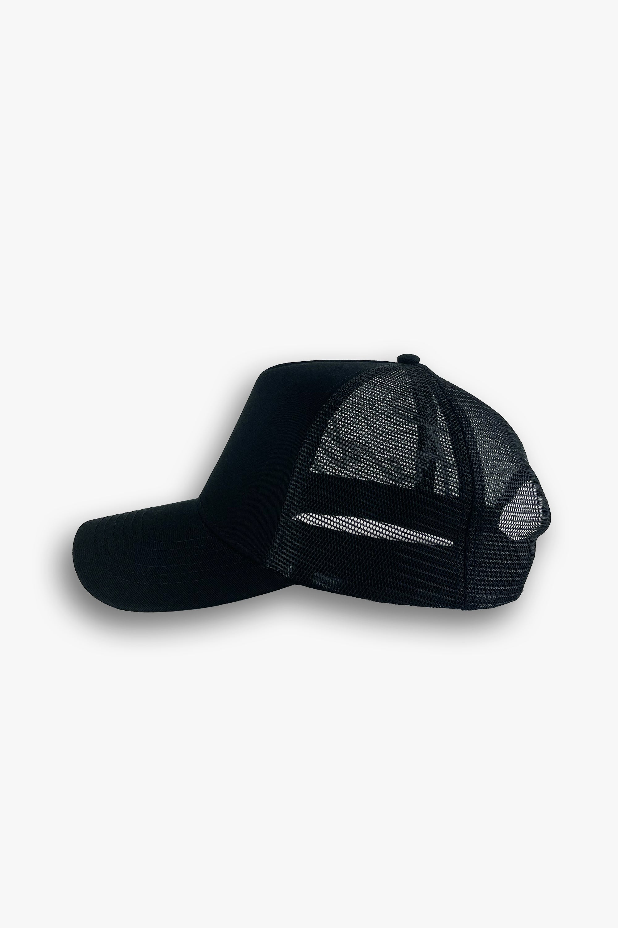 black designer trucker hat blank side view
