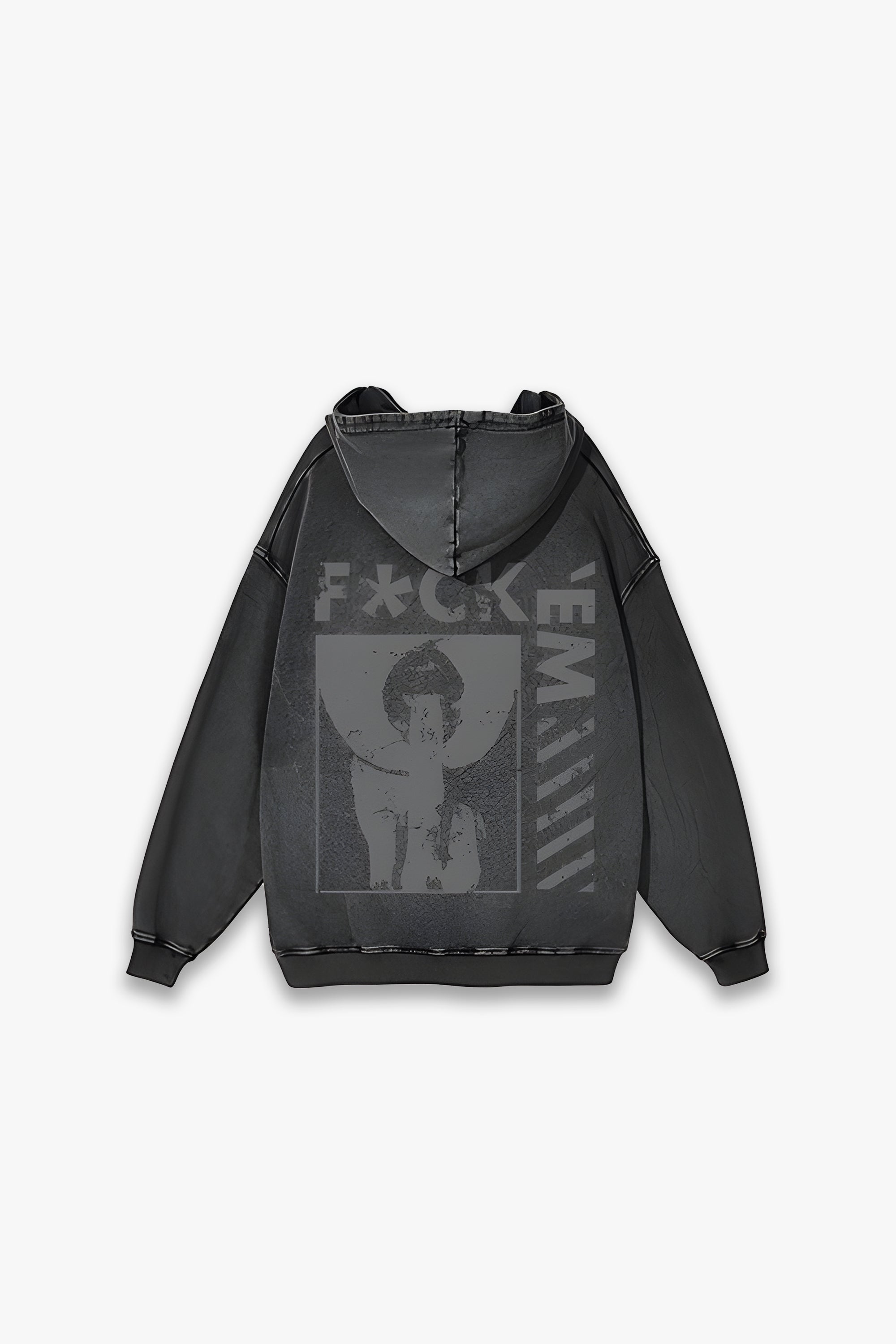 the back of a washed gray hoodie with graphcics