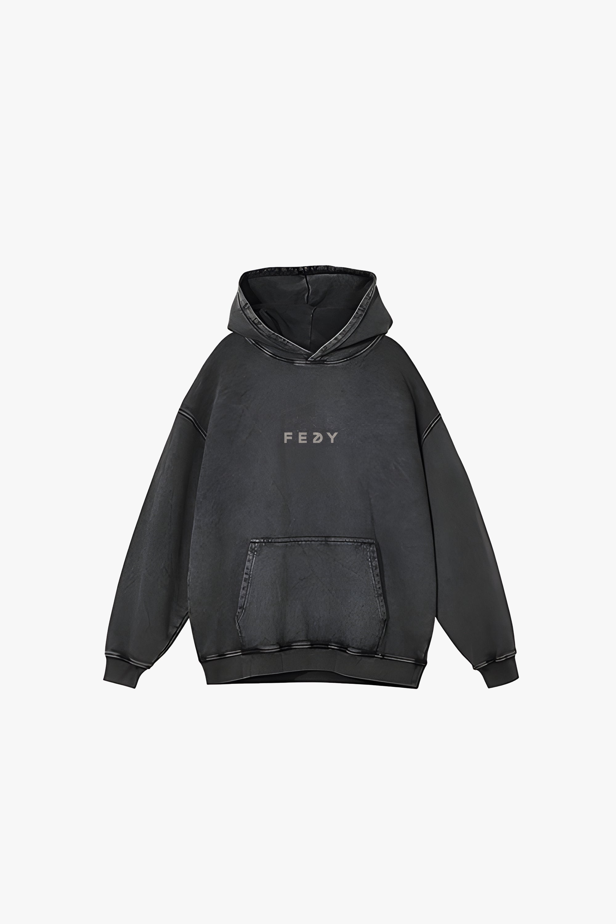 front of a washed grey hoodie with logo