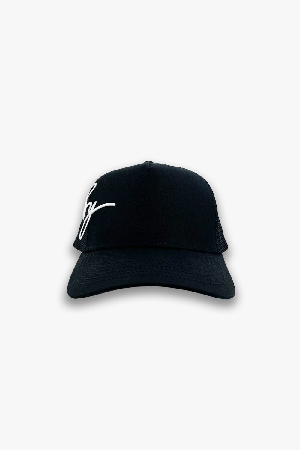 black designer trucker hat front view 