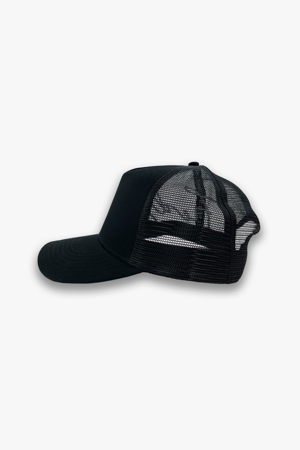 black designer trucker hat blank side view