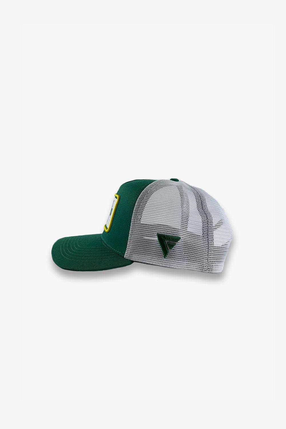 green trucker hat side view