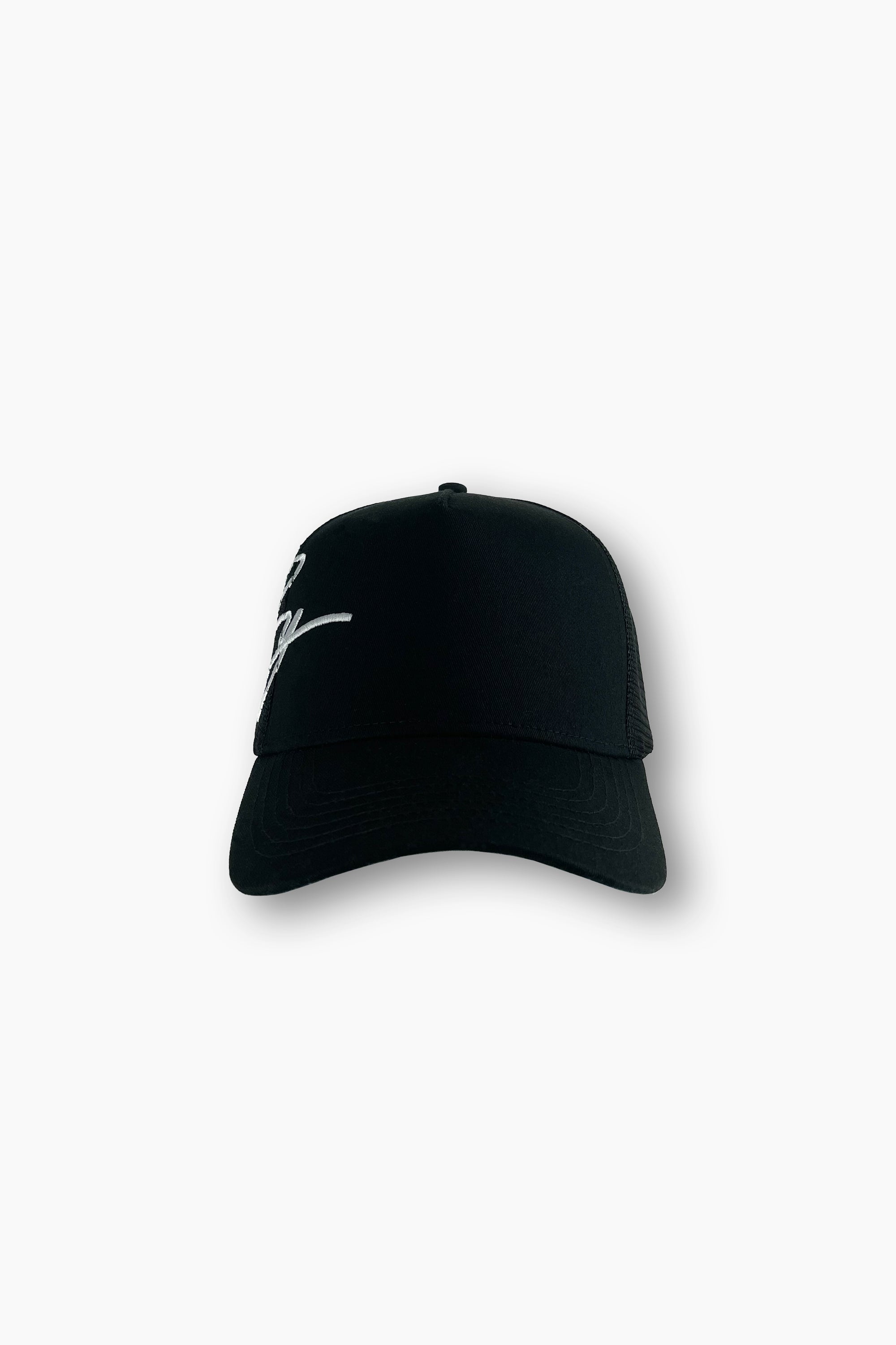 black designer trucker hat front view