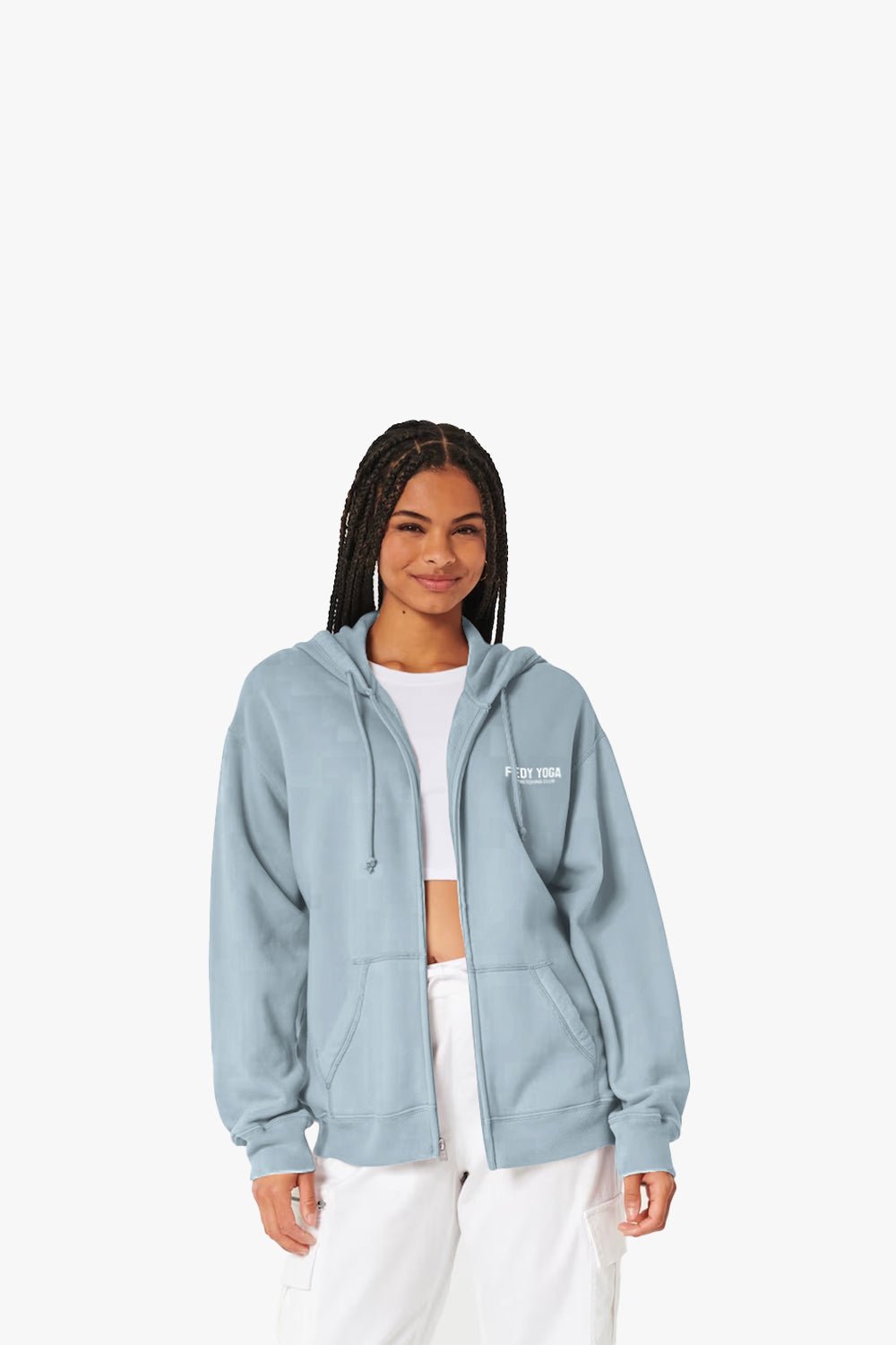 blue zipper hoodie front with model 